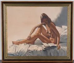 William Romain, Female Nude reading on a Bed, oil on canvas