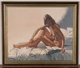 William Romain, Female Nude reading on a Bed, oil on canvas