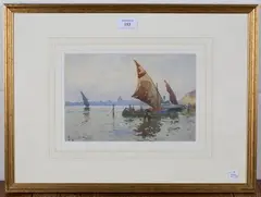 Venetian View with Moored Sailing Vessels by Reginald Jones, watercolour, sold Oct 2020