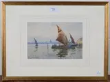 Reginald Jones, Venetian View with Moored Sailing Vessels, watercolour