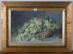 Edith M. Harms, Still Life of a Basket of Primroses, watercolour