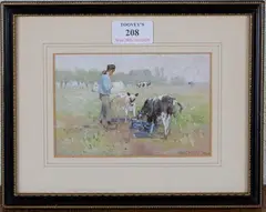 Robert Gustav Meyerheim, In Holland' (Man feeding Calves), watercolour and gouache