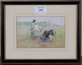 Robert Gustav Meyerheim, In Holland' (Man feeding Calves), watercolour and gouache