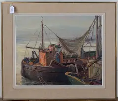 Harbour Scene with Moored Trawlers by Louis Montaigu, oil on panel, sold Oct 2020