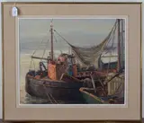 Louis Montaigu, Harbour Scene with Moored Trawlers, oil on panel