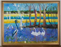 Patrick Hockey, Tropical Landscape with Cranes, oil on board