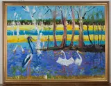 Patrick Hockey, Tropical Landscape with Cranes, oil on board
