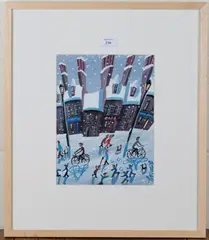 John Ormsby, Snowy Street Scene with Children having a Snowball Fight, late 20th/early 21st century oil on board