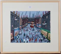 John Ormsby, Shoppers in a Busy Street, late 20th/early 21st century oil on canvas possibly canvas-board
