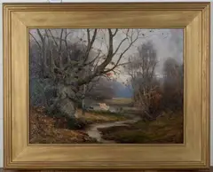 William Temple Muir, View along a Woodland Path toward a Lake, oil on canvas