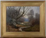 William Temple Muir, View along a Woodland Path toward a Lake, oil on canvas