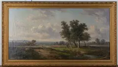 Wilhelm Erhardt, Landscape with Figures resting on a Wayside near Cattle, oil on canvas