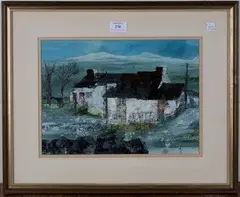 Ray Evans, Farmhouse in a Landscape, mixed media with watercolour and oil on paper