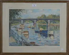 J. Knizke, View along a River with Moored Boats, oil on board
