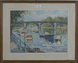 J. Knizke, View along a River with Moored Boats, oil on board
