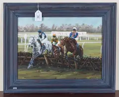 M.L. Upton, Horses jumping a Fence, oil on board