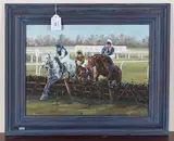 M.L. Upton, Horses jumping a Fence, oil on board