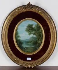 River Landscape with Distant Castle and Two Figures, probably Tobias and the Angel by William Ward Gill, oval 19th century oil on board, sold Jul 2020