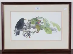 David A.N. Hurrell, Blackbird and Blackberries, 1981, watercolour
