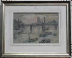 Claude Marks, Westminster from the Thames, watercolour with gouache and coloured chalks