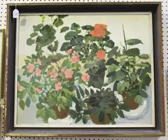 Norman Battershill, Still Life with Plants and Flowers, oil on board