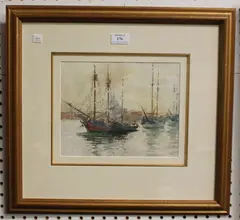 Frederick James Aldridge, Sailing Vessels on a Venetian Lagoon, watercolour
