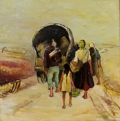 Charles Schneider, Zingari' (Caravan and Figures on a Country Road), 1954, oil on board
