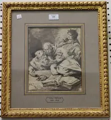 Victor Prouvé, Four Gentlemen studying a Tortoise, pen and ink
