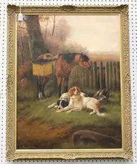 Spaniels resting near a Pheasant and Horse by Robert Cleminson, oil on canvas, sold Mar 2020