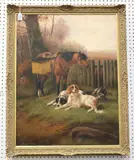Robert Cleminson, Spaniels resting near a Pheasant and Horse, oil on canvas