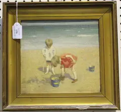 Gerald Wakeman, Excavations' (Two Children playing on a Beach), 1928, oil on canvas-board