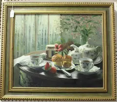 I. Monaham, Still Life of a Table laid for Afternoon Tea, oil on canvas
