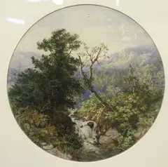 Henry Turner Munns, Tondo Mountainous Landscape with River, 1861, watercolour