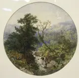 Henry Turner Munns, Tondo Mountainous Landscape with River, 1861, watercolour