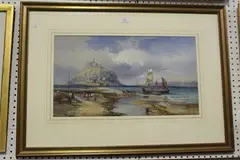 Robert Ernest Roe, View towards St. Michael's Mount from Marazion, Cornwall, watercolour with gouache