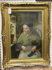 David W. Haddon, Portrait of an Elderly Lady knitting near a Window, oil on board