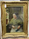David W. Haddon, Portrait of an Elderly Lady knitting near a Window, oil on board