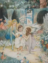 Mabel Sarah Hildick, Child with Fairies and Sprites in a Landscape, 1921, watercolour with gouache