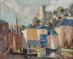 Harbour Scene with Sailing Vessels and Figures on a Quay by Henry Ludlow, oil on board, sold Dec 2019