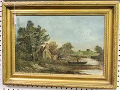 A. Coleman, Landscape with Cottage, River and Punt, oil on canvas