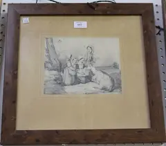 Joseph Beaume, Children feeding a Goat, pencil