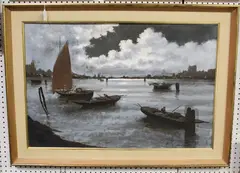 Francesco Schiller, Moonlit Lagoon with Boats, possibly Venice, oil on canvas