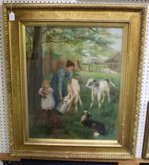 N. Drummond, Farmstead with Lady feeding Calves, oil on canvas