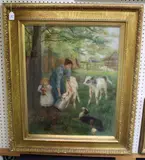 N. Drummond, Farmstead with Lady feeding Calves, oil on canvas