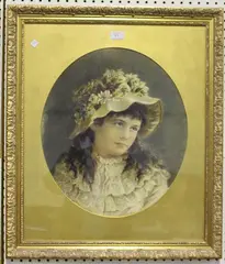 Alice Renshaw, Bust Length Portrait of a Young Lady wearing a Hat with Flowers, oval 19th century watercolour