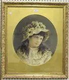 Alice Renshaw, Bust Length Portrait of a Young Lady wearing a Hat with Flowers, oval 19th century watercolour