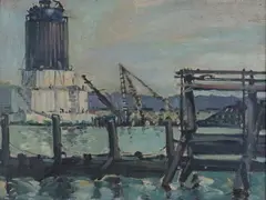Alfred J. Bennett, Shoreham Harbour' (View with one of the Mystery Towers), oil on canvas-board