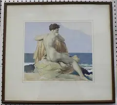 Lawrence Preston, Female Nude Study, 1934, watercolour over pencil