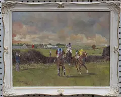 Reginald Llewellyn Harvey, Horses and Jockeys in a Steeplechase, oil on canvas