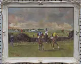 Reginald Llewellyn Harvey, Horses and Jockeys in a Steeplechase, oil on canvas